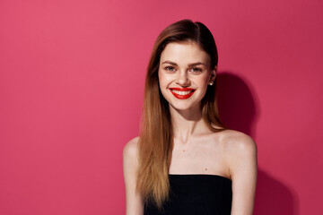 Naklejka premium Beautiful glamor woman red lips decoration black dress pink background