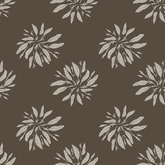 Autumn dark tones seamless pattern with simple grey leaves silhouettes and brown pale background.