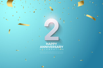 2nd Anniversary with numbers illustration showered with gold paper cutouts on blue background.