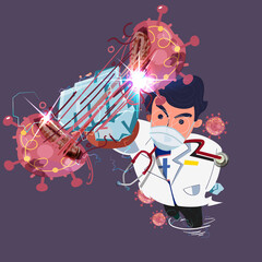 doctor as super hero in hospital scrubs uniform hitting virus - vector illustration - vector