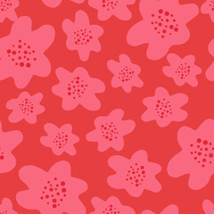 Bright random pink flower silhouettes seamless doodle pattern. Red background. Garden bloom print.