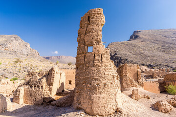 Tanuf, NizwaOman - October 6 2014: Tanuf ruins is a landmark of the damage caused by the Jebel Akhdar War in Oman