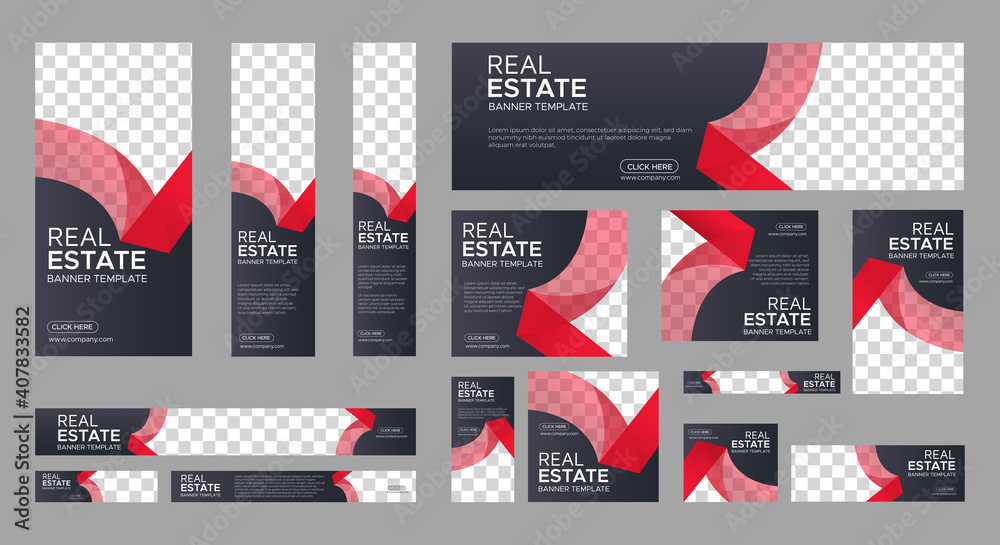 Wall mural real estate web banner design template set. vertical, horizontal and square banners with standard si