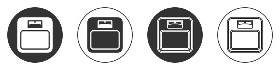Black Bathroom scales icon isolated on white background. Weight measure Equipment. Weight Scale fitness sport concept. Circle button. Vector.