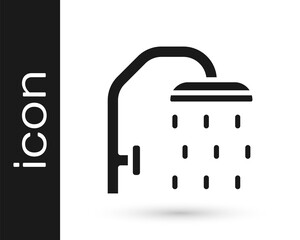 Black Shower head with water drops flowing icon isolated on white background. Vector.