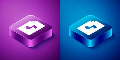 Isometric Music book with note icon isolated on blue and purple background. Music sheet with note stave. Notebook for musical notes. Square button. Vector.