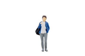 Miniature people traveller standing isolated on white background with clipping path