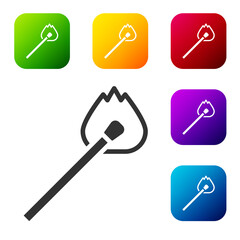 Black Burning match with fire icon isolated on white background. Match with fire. Matches sign. Set icons in color square buttons. Vector.
