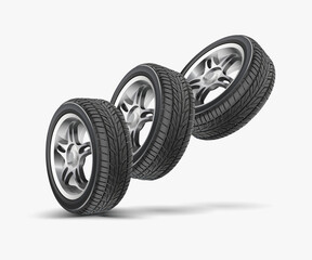 Vector isolated tires and wheels for the car on a white background. A stack of summer and winter tires. Tires service. 