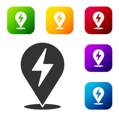 Black Lightning bolt icon isolated on white background. Flash icon. Charge flash icon. Thunder bolt. Lighting strike. Set icons in color square buttons. Vector.