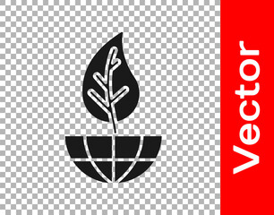 Black Earth globe and leaf icon isolated on transparent background. World or Earth sign. Geometric shapes. Environmental concept. Vector.
