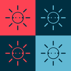 Pop art Solar energy panel icon isolated on color background. Sun with lightning symbol. Vector.