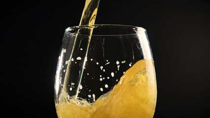 Slow motion video of beer glass being filled with light alcoholic drink in closeup.Golden lager beer pint filling glasse in 240fps slow mo footage filmed in closeup on black background at local pub