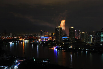 Naklejka na ściany i meble Firework lighting in bangkok cityscape background, Thailand.Night view and firework.