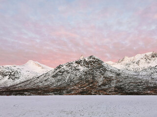 Scenic view of the frozen Kattfjordvatnet lake on the island of Kvaloya, Tromso inNorway