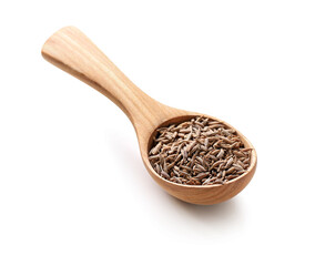 Fennel cumin caraway seeds in a wooden spoon isolated on white background