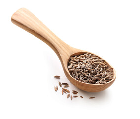 Fennel cumin caraway seeds in a wooden spoon isolated on white background