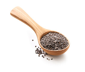 Chia seeds in a wooden spoon isolated on white background