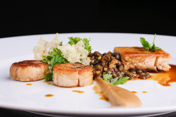 Baked salmon with sauce and beans