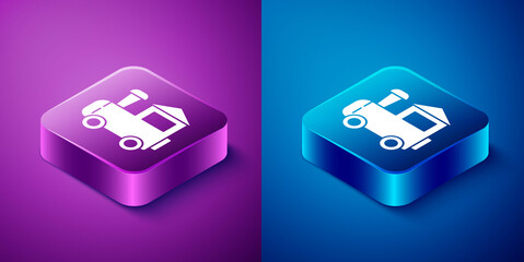 Isometric Toy train icon isolated on blue and purple background. Square button. Vector.