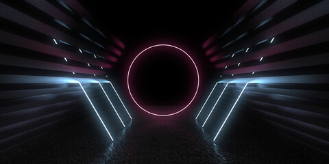 3D abstract background with neon lights. neon tunnel .space construction . 3d illustration
