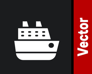 White Cruise ship icon isolated on black background. Travel tourism nautical transport. Voyage passenger ship, cruise liner. Worldwide cruise. Vector.