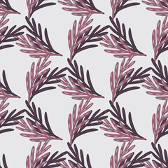 Seamless geometric style pattern with purple doodle leaves branches shapes. Light grey background.