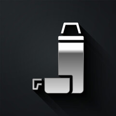 Silver Thermos container icon isolated on black background. Thermo flask icon. Camping and hiking equipment. Long shadow style. Vector.