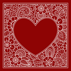 Square frame pattern in shape of heart. Decorative ornament in ethnic oriental mehndi style. Outline doodle hand draw vector illustration. Antistress coloring book page.