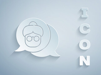 Paper cut Grandmother icon isolated on grey background. Paper art style. Vector.