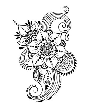 Mehndi flower pattern and mandala for Henna drawing and tattoo. Decoration in ethnic oriental, Indian style. Doodle ornament. Outline hand draw vector illustration.