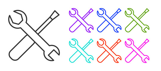 Black line Screwdriver and wrench spanner tools icon isolated on white background. Service tool symbol. Set icons colorful. Vector Illustration.
