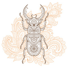 Bug decorated with Indian ethnic floral vintage pattern. Hand drawn decorative insect in doodle style. Stylized mehndi ornament for tattoo, print, design for room, cover, book and coloring page.