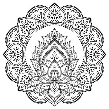 Frame in eastern tradition. Stylized with henna tattoos decorative pattern for decorating covers for book, notebook, casket, magazine, postcard and folder. Lotus flower mandala in mehndi style.