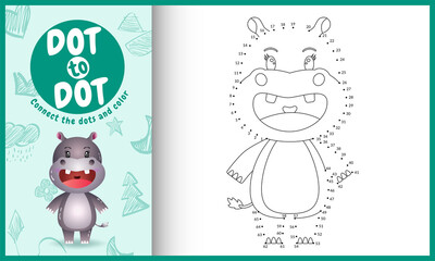 Connect the dots kids game and coloring page with a cute hippo character illustration