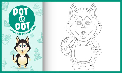 Connect the dots kids game and coloring page with a cute husky dog character illustration