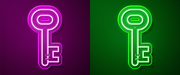 Glowing neon line House key icon isolated on purple and green background. Vector Illustration.