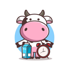 cute cow with milk and clock, cartoon, vector eps 10