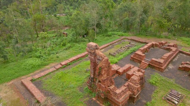 Aerial view of ruins in the My Son Sanctuary, remains of an ancient Cham civilization in Vietnam. Tourist destination in the city of Danang. Travel to Vietnam concept