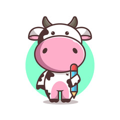 Obraz na płótnie Canvas cute cow carrying pencil, cartoon, vector eps 10