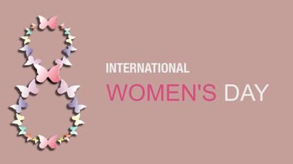 International Women's Day card with multicoloured 3D butterflies forming number 8 for March 8th
