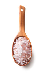 Crystal Himalayan pink salt in a wooden spoon isolated on white background top view