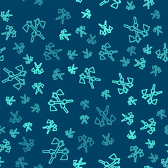 Green line Crossed medieval axes icon isolated seamless pattern on blue background. Battle axe, executioner axe. Medieval weapon. Vector.
