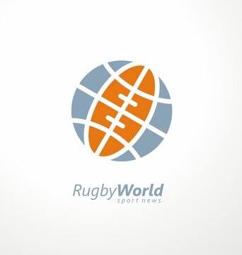 Rugby Logo With Globe Shape And Rugby Ball, Perfect For Sports News And Articles. American Football Creative Symbol Design With World Icon. Sport And Recreation Vector Sign.