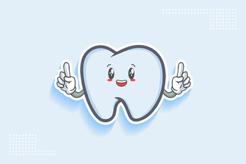 SMILING, HAPPY, CHEERFUL Face Emotion. Double forefinger Hand Gesture. Tooth Cartoon Drawing Mascot Illustration.