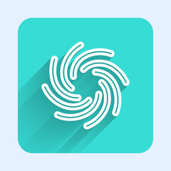 White line Tornado icon isolated with long shadow. Cyclone, whirlwind, storm funnel, hurricane wind or twister weather icon. Green square button. Vector.