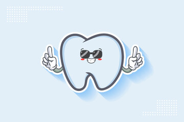 RELAXED, GLASSES, COOL Face Emotion. Double forefinger Hand Gesture. Tooth Cartoon Drawing Mascot Illustration.