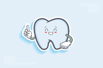 CONTENT, HAPPY , GRIN SMILE, cheerful Face Emotion. Forefinger Hand Gesture. Tooth Cartoon Drawing Mascot Illustration.