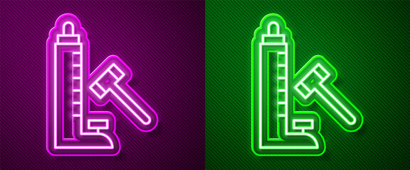Glowing neon line High striker attraction with big hammer icon isolated on purple and green background. Attraction for measuring strength. Amusement park. Vector.
