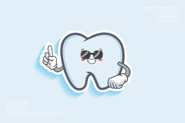 RELAXED, GLASSES, COOL Face Emotion. Forefinger Hand Gesture. Tooth Cartoon Drawing Mascot Illustration.